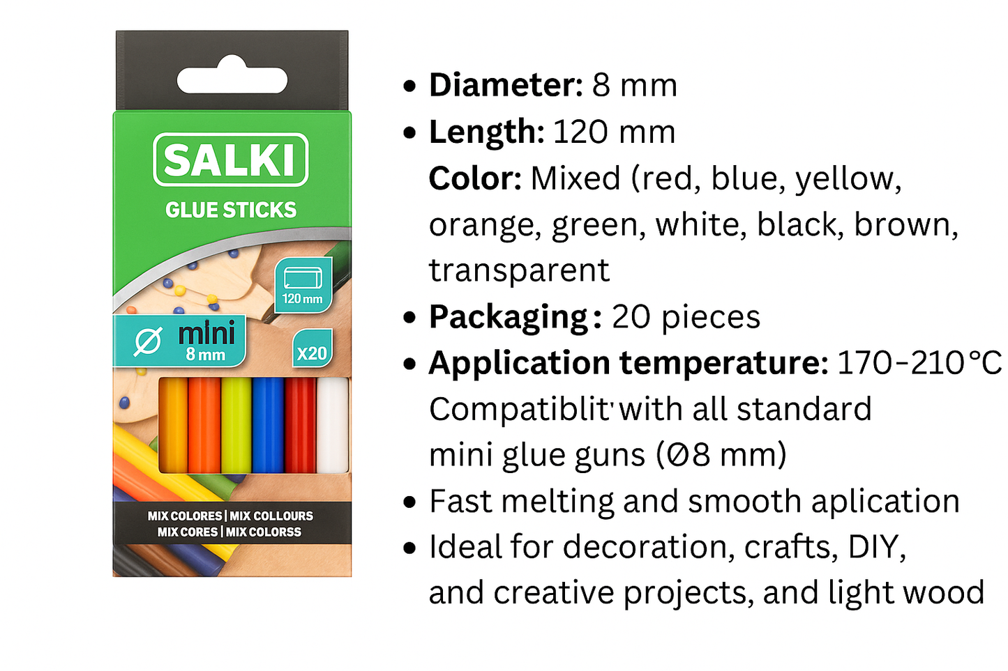 Lijm sticks/staven gemengde kleuren Salki Ø8mm/20 stuks